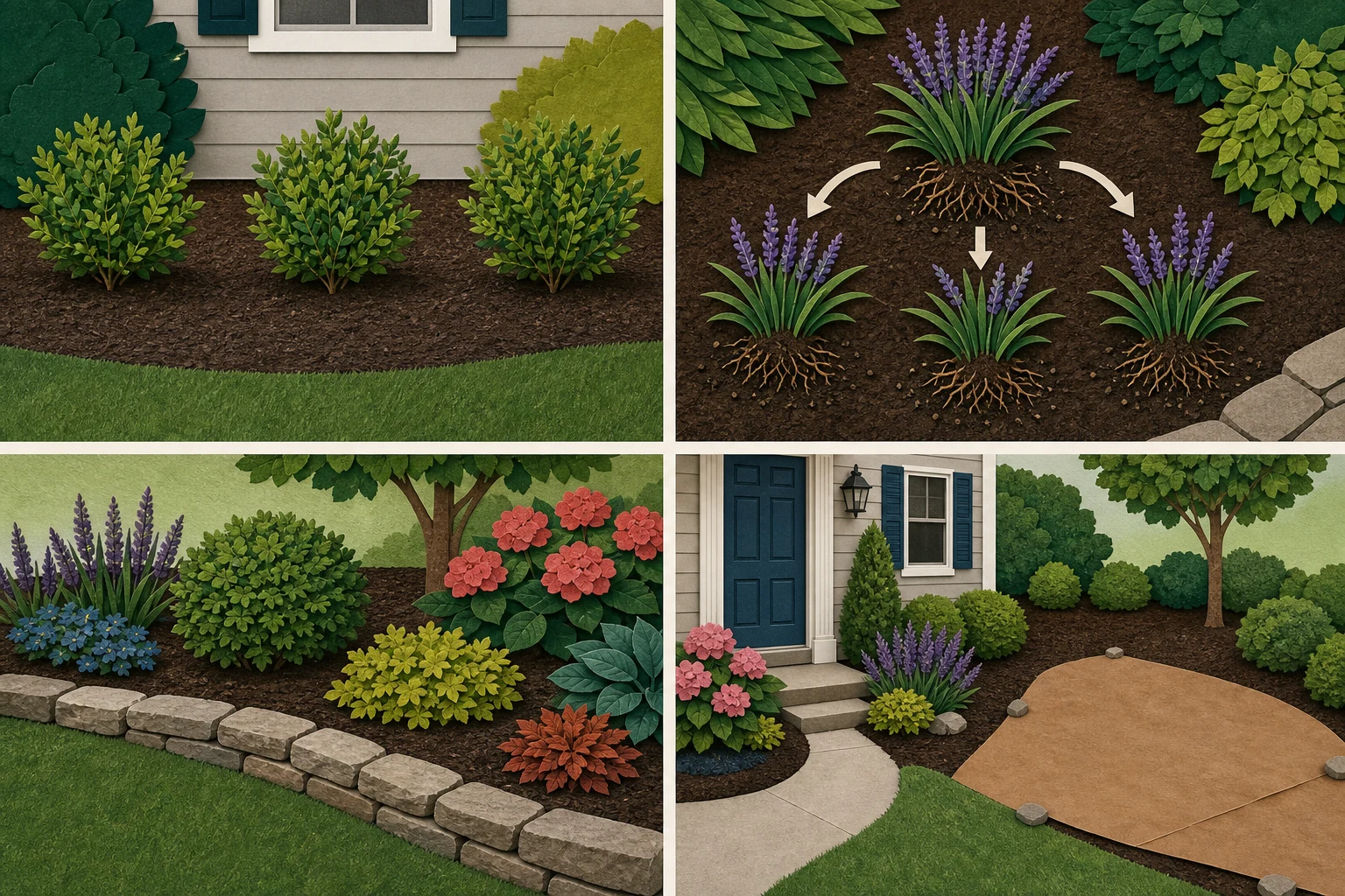 Four practical budget choices showing younger plants at mature spacing, a suitable perennial divided, sound materials reused, and one entry zone completed first