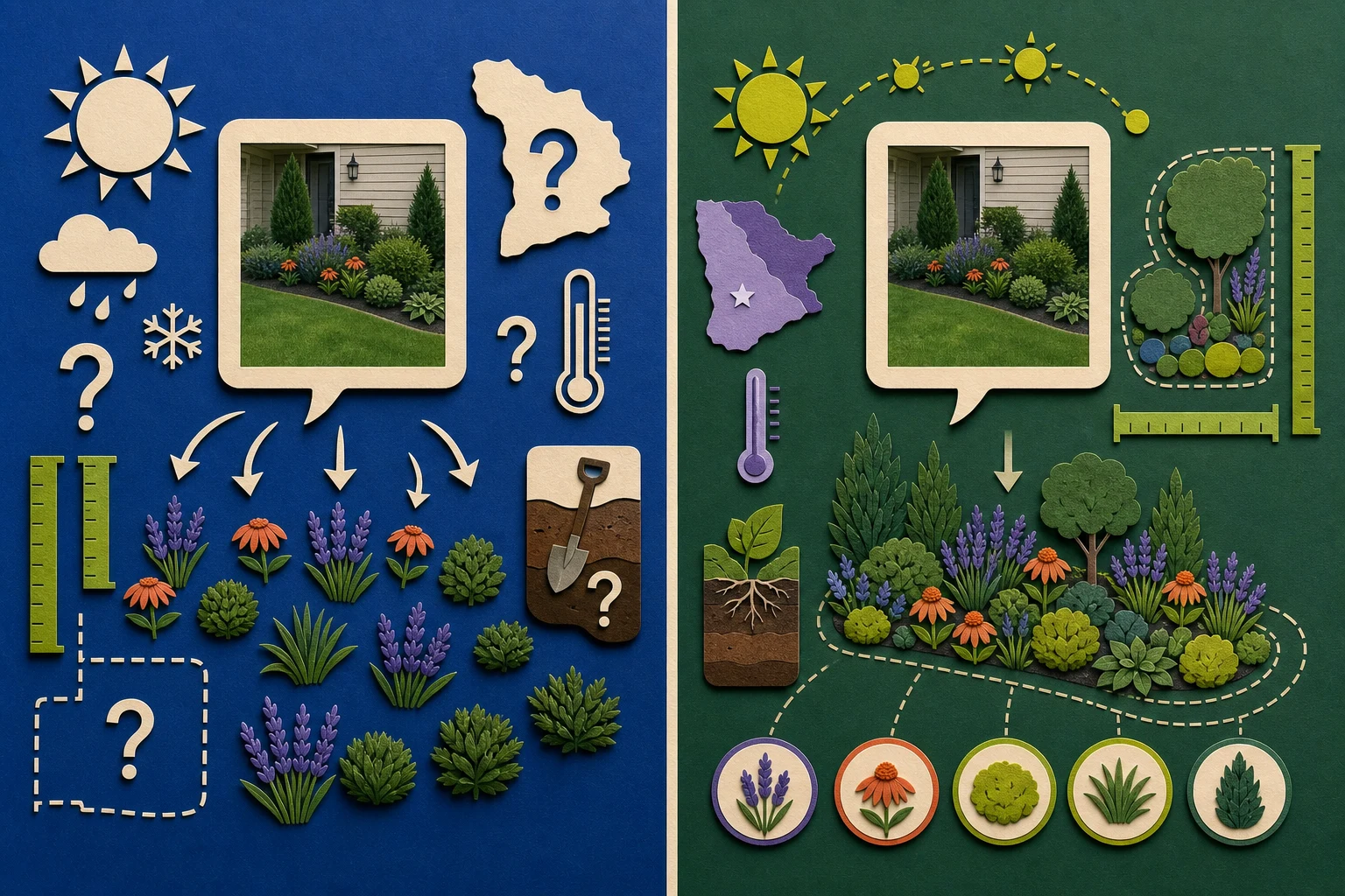Comparison of a yard photo with missing site context and the same yard organized after site conditions are supplied