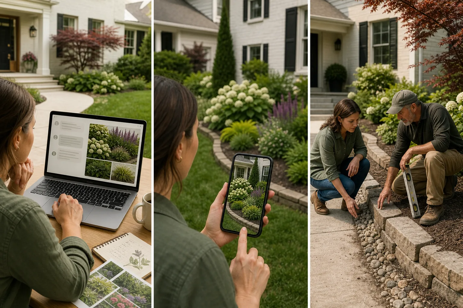 The same front yard shown with a homeowner brainstorming plant ideas in a chatbot, visualizing the planting bed in a garden-design app, and checking physical site work with a landscape professional