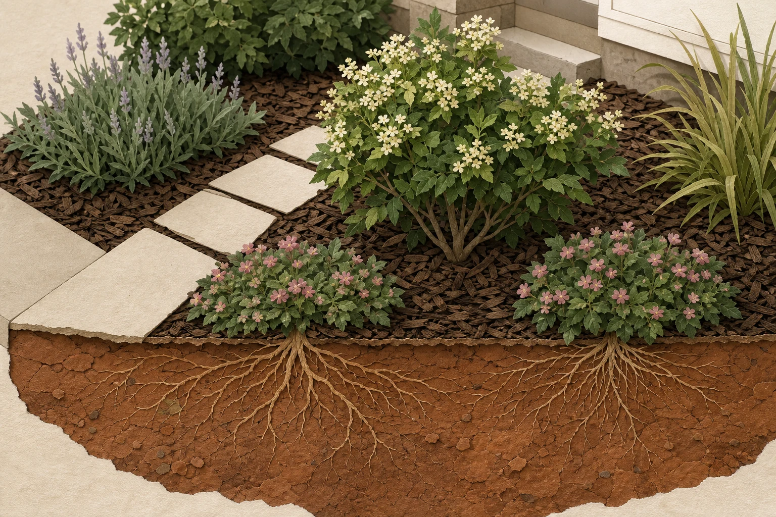 Clay bed plan with a defined access edge, broad plant masses, mulch, and roots spreading into native soil