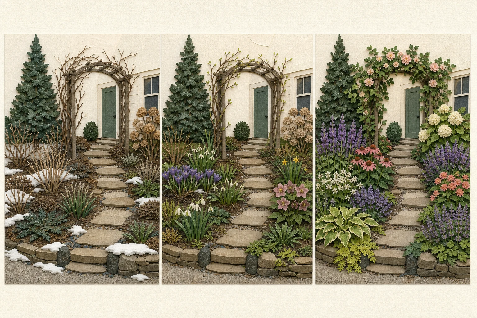 The same cottage border in winter, early spring, and summer with the path and structural plants unchanged