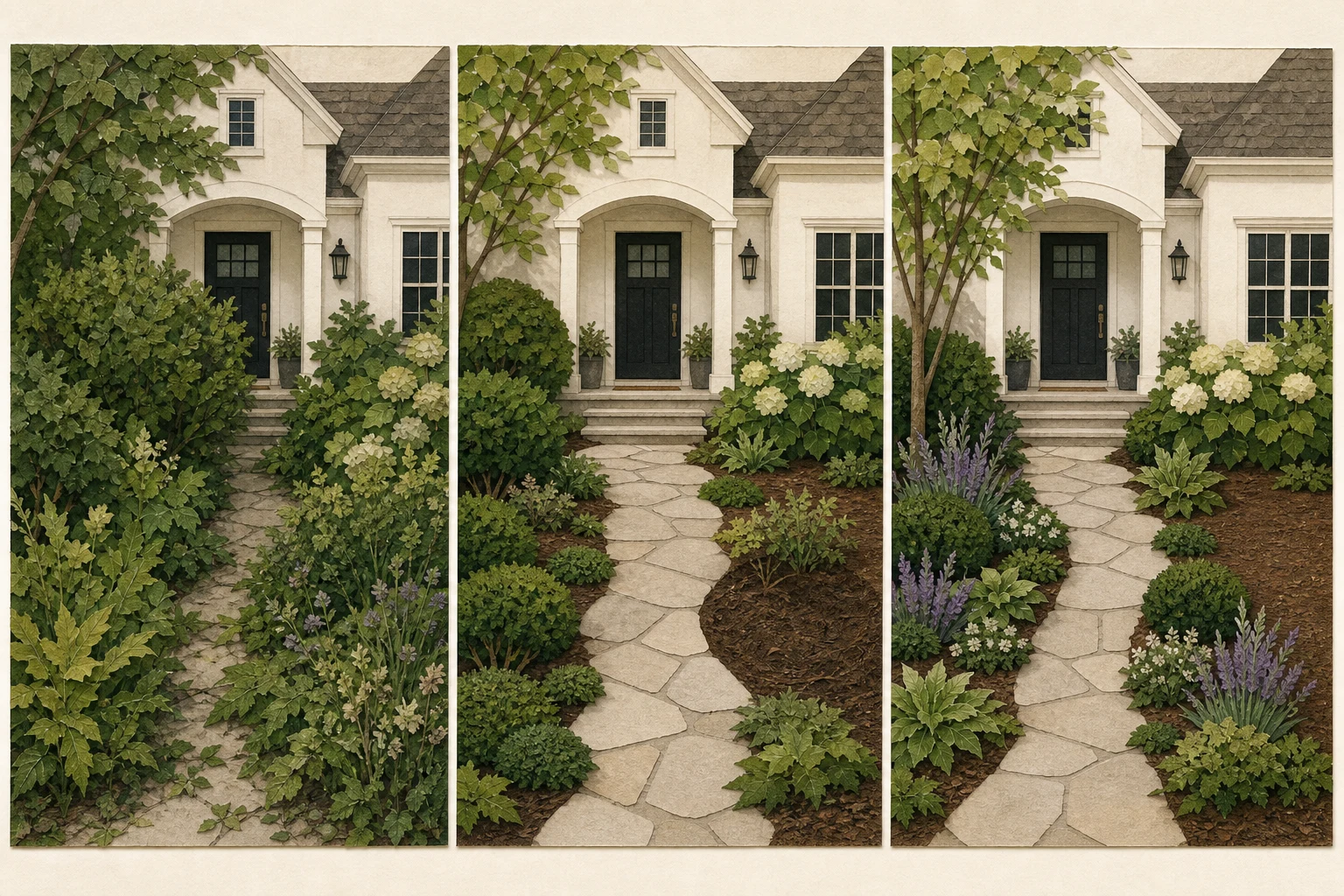 Three-stage front-entry sequence showing a hidden route cleared and one visible planting zone completed first