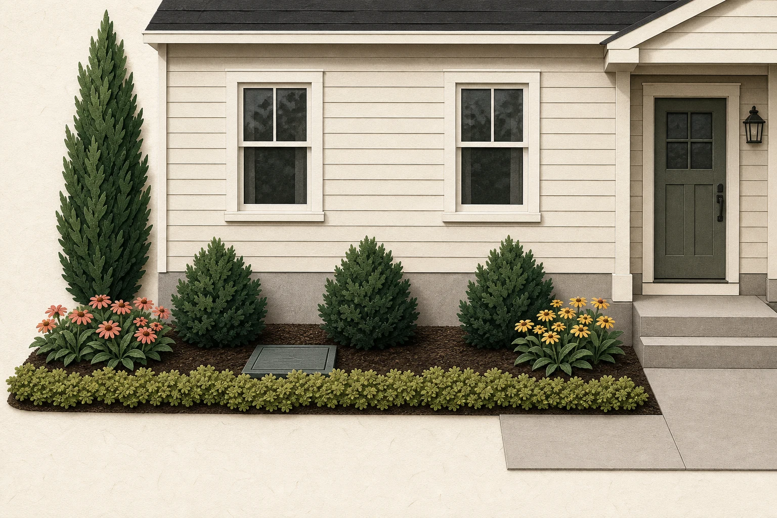 Foundation planting plan with a corner anchor, three compact shrubs, repeated flowers, and a low edge clear of the entry