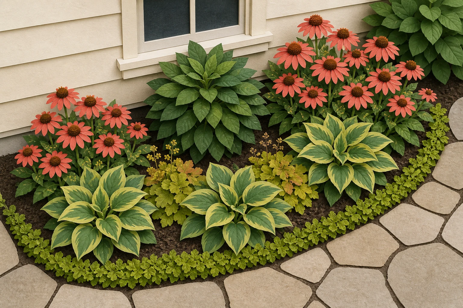 Front-bed plan with one compact anchor, two flower groups, repeated foliage, and a low path edge