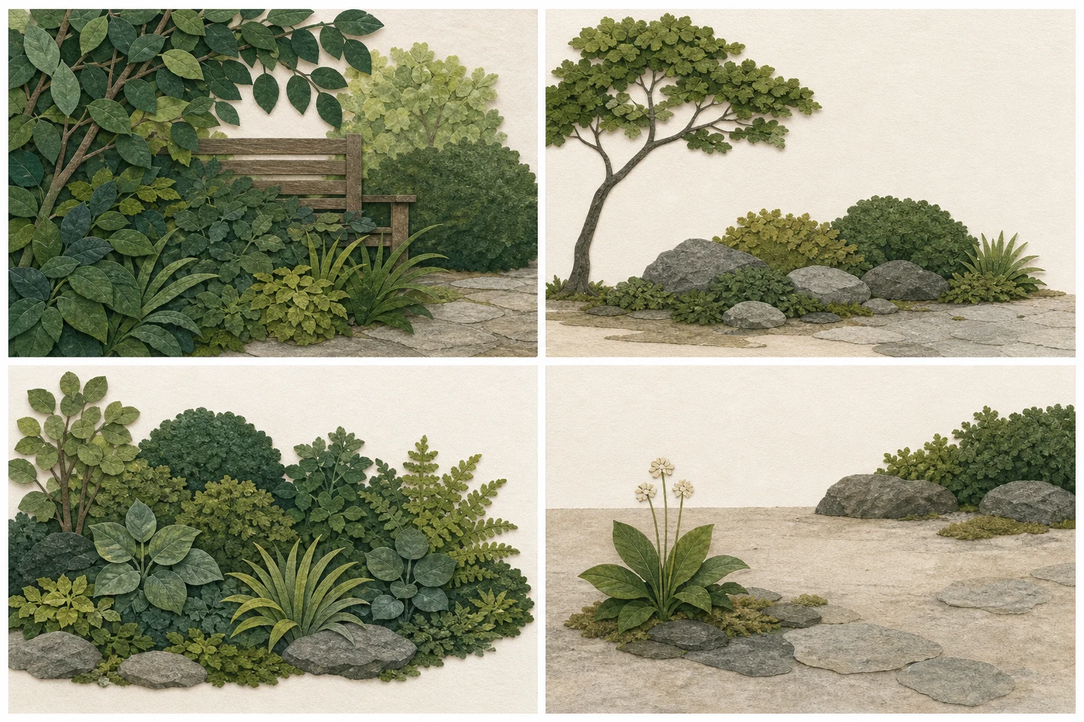 Four garden studies showing partial views, asymmetrical balance, repeated foliage, and useful open space