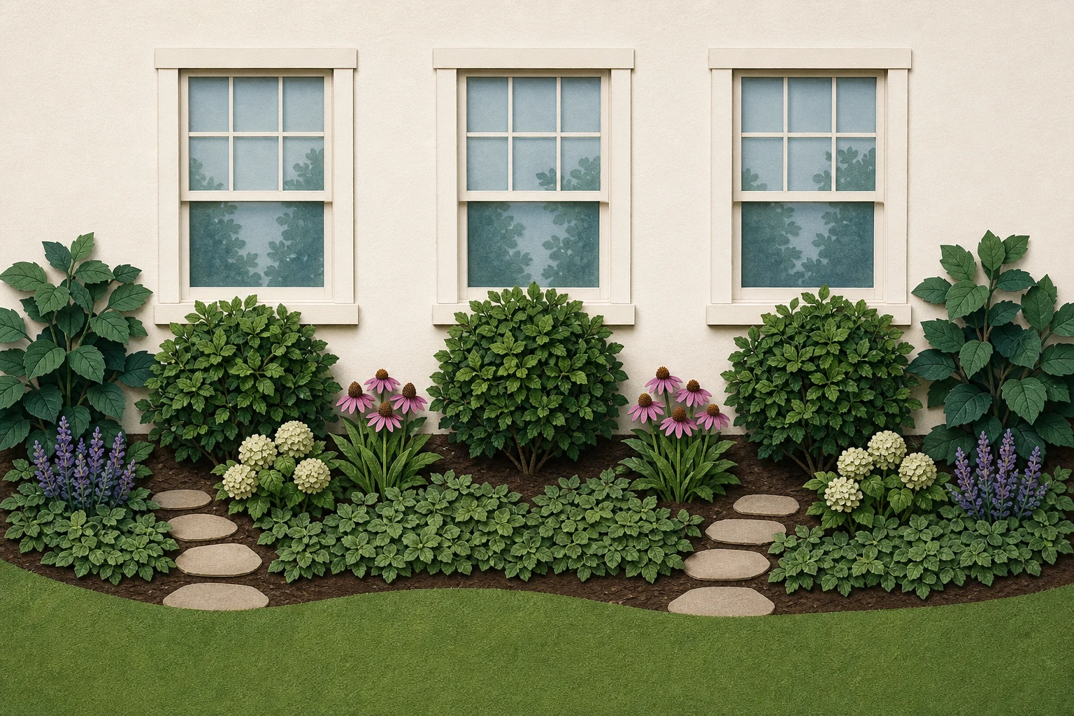 Low-maintenance foundation bed with repeated shrubs, two flower groups, continuous groundcover, and stepping access