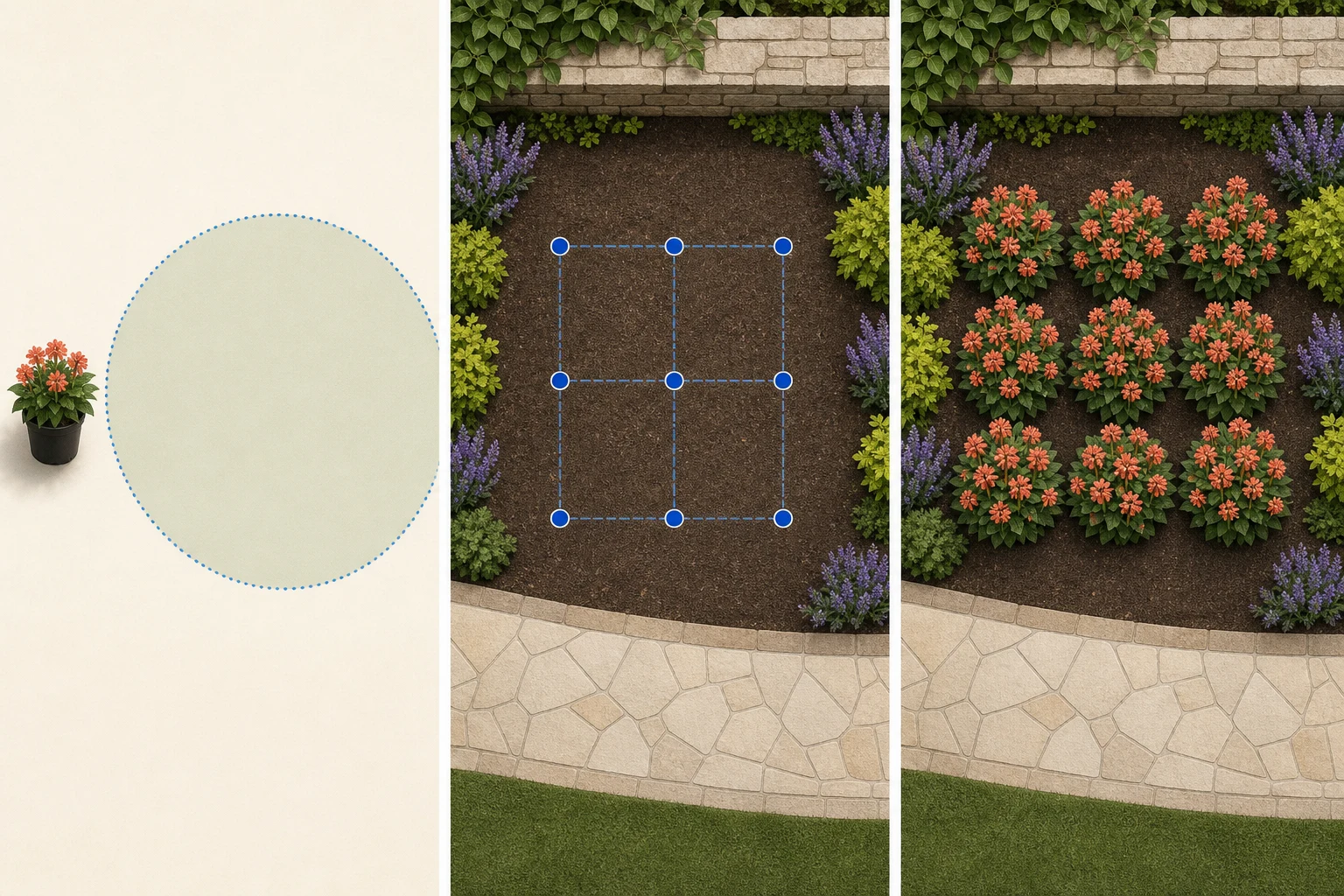 Three stages showing a small nursery pot beside its much larger mature spread, measured plant centers in a bed, and the mature plants filling without crowding