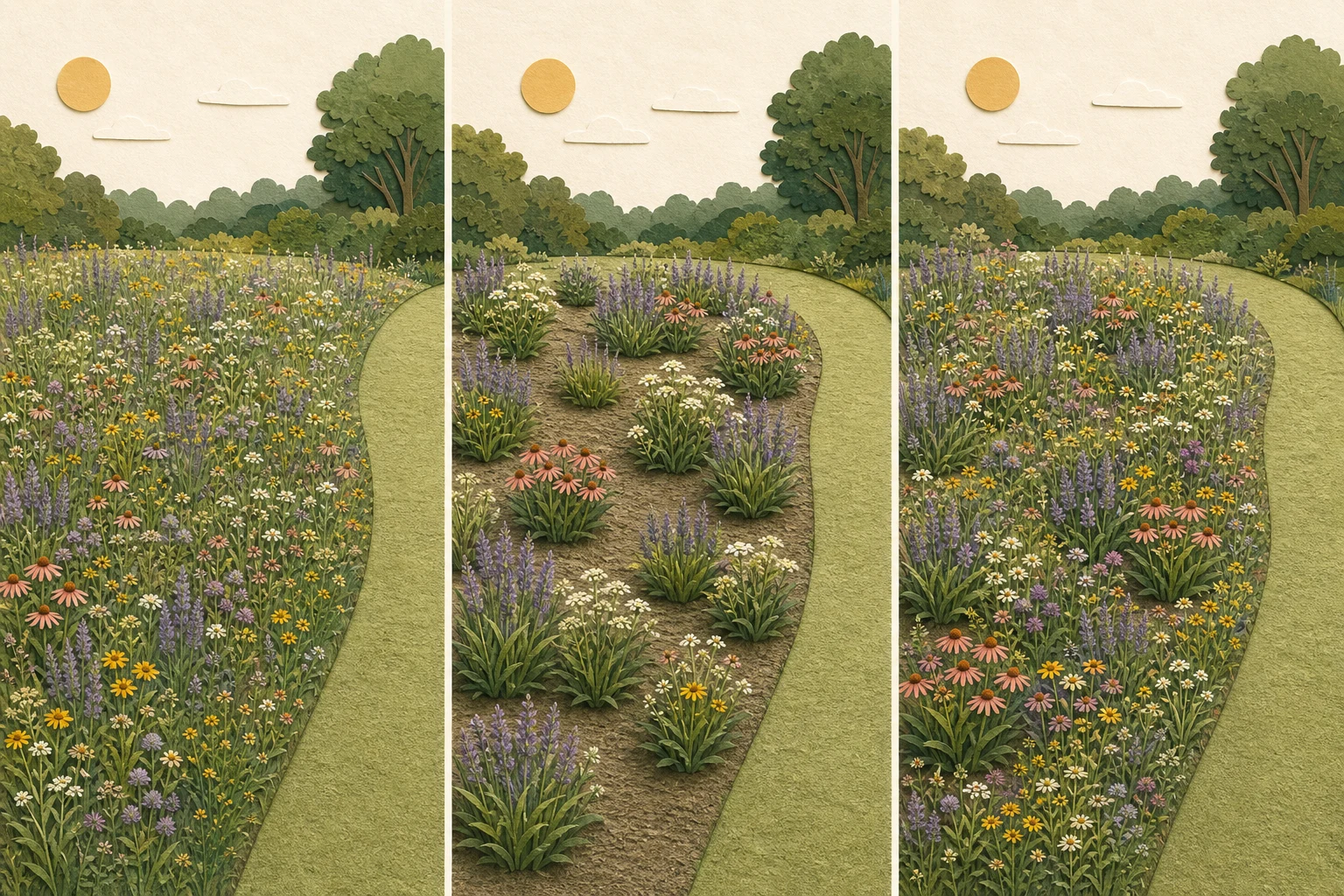 The same meadow site established with seed, repeated plugs, and a hybrid of seed and plug drifts