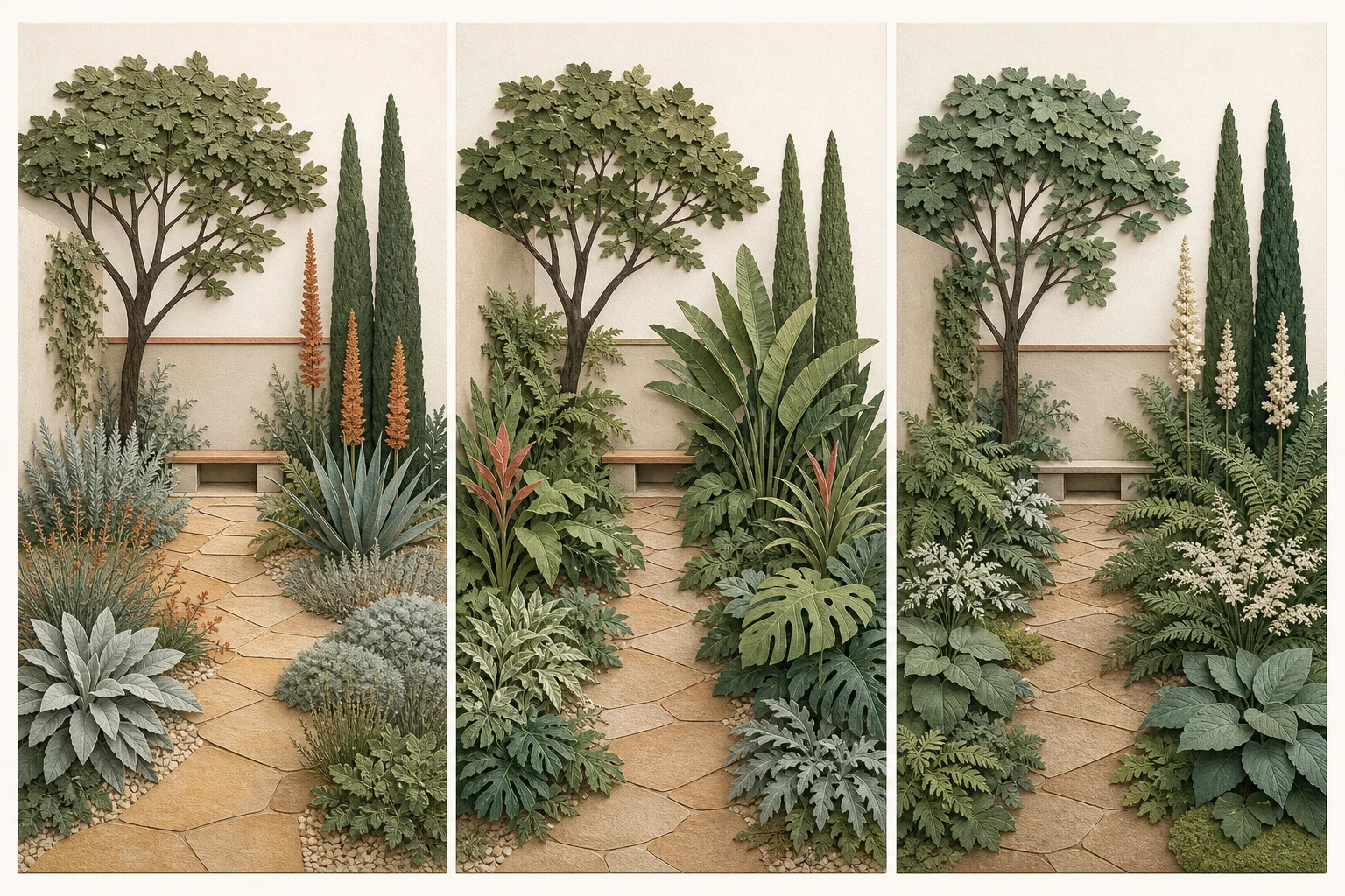 Three climate-adapted courtyards using the same shade, vertical, massing, and mineral-path roles