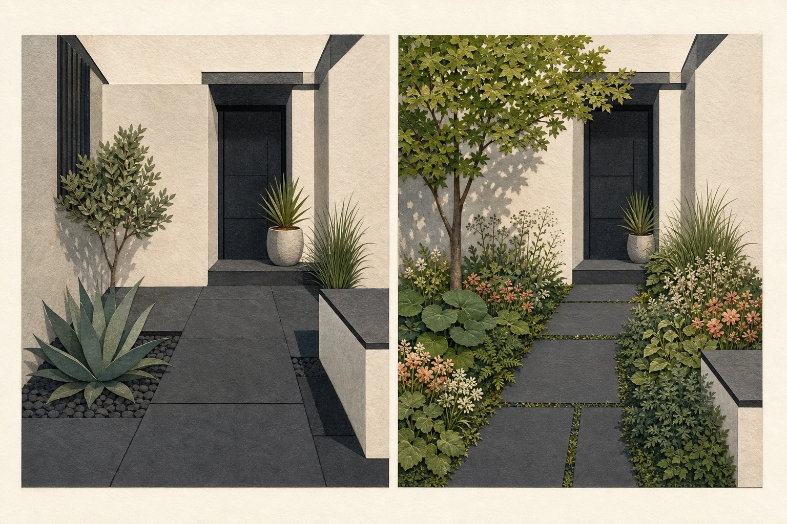 Modern courtyard comparison showing hard geometry alone and the same geometry softened by shade and broad planting