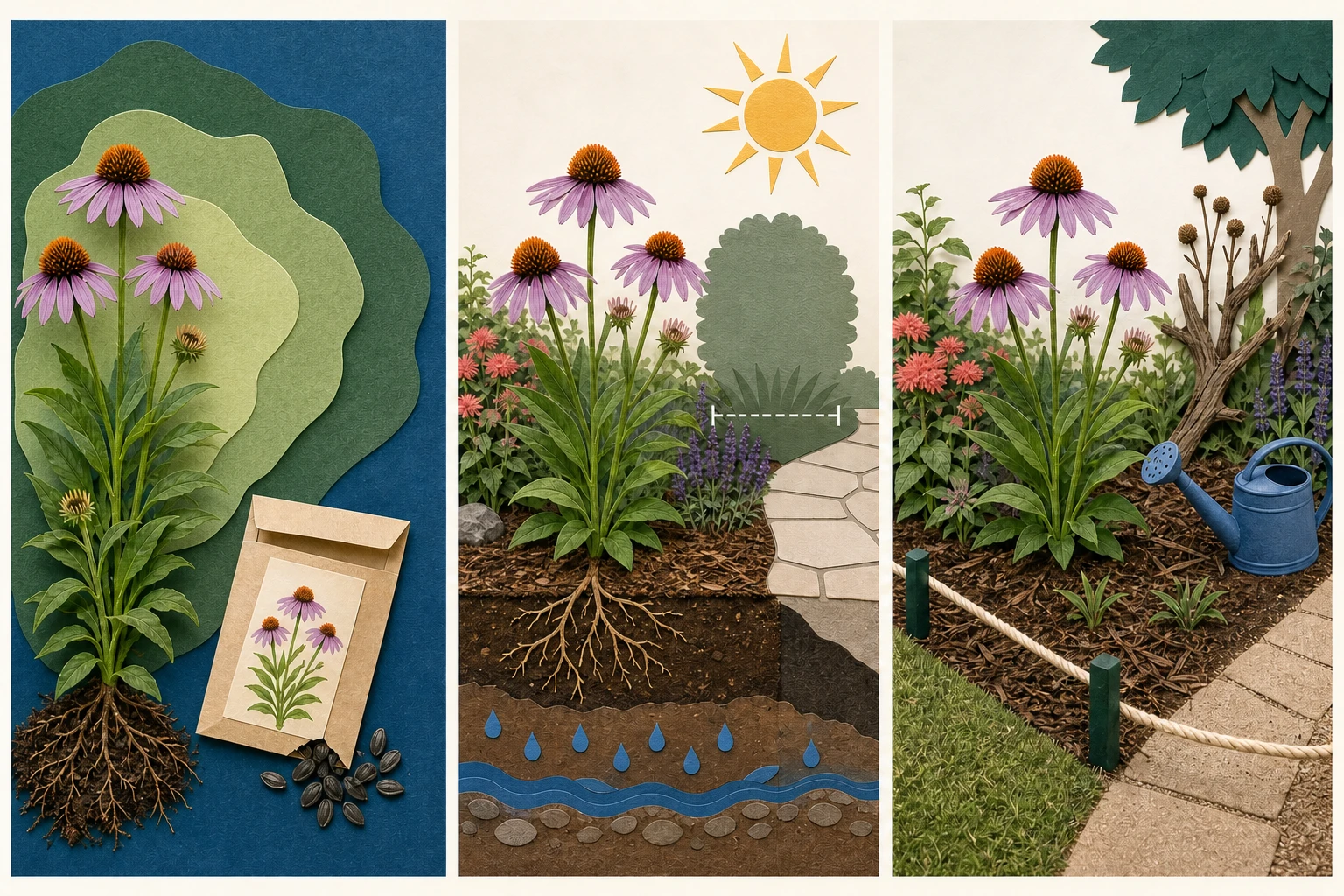 Three-part native plant check showing regional provenance, the plant matched to sun, soil, moisture, and mature space, then first-season care with habitat kept clear of the path