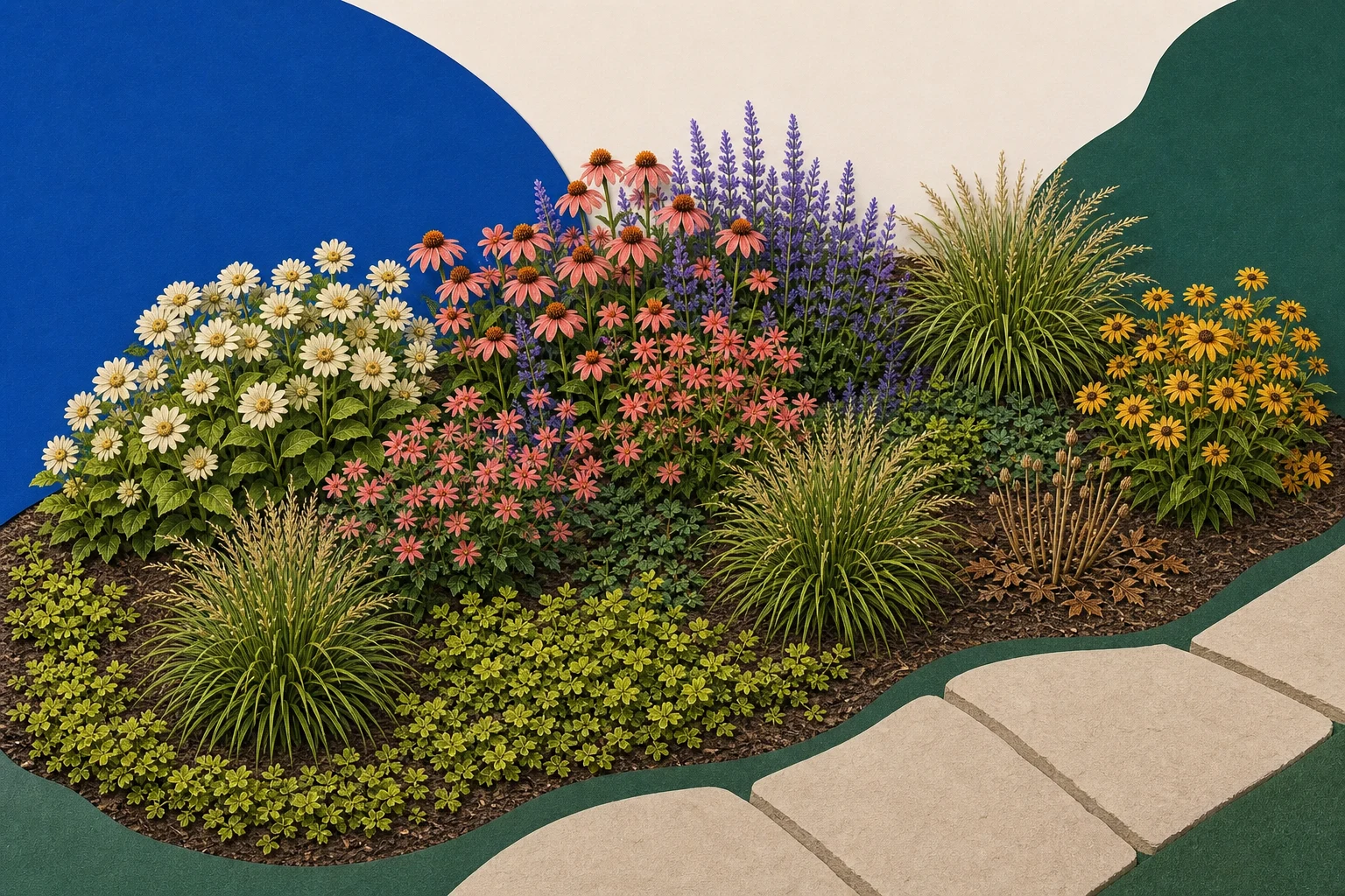 Native planting plan with repeated sedge clumps, connected seasonal flower groups, and a low ground layer