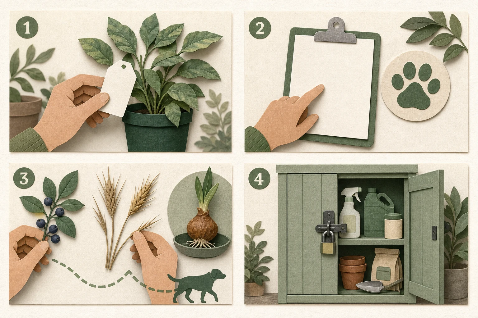 Four-part pet garden check covering exact plant identity, veterinary verification, physical hazards, and secure product storage