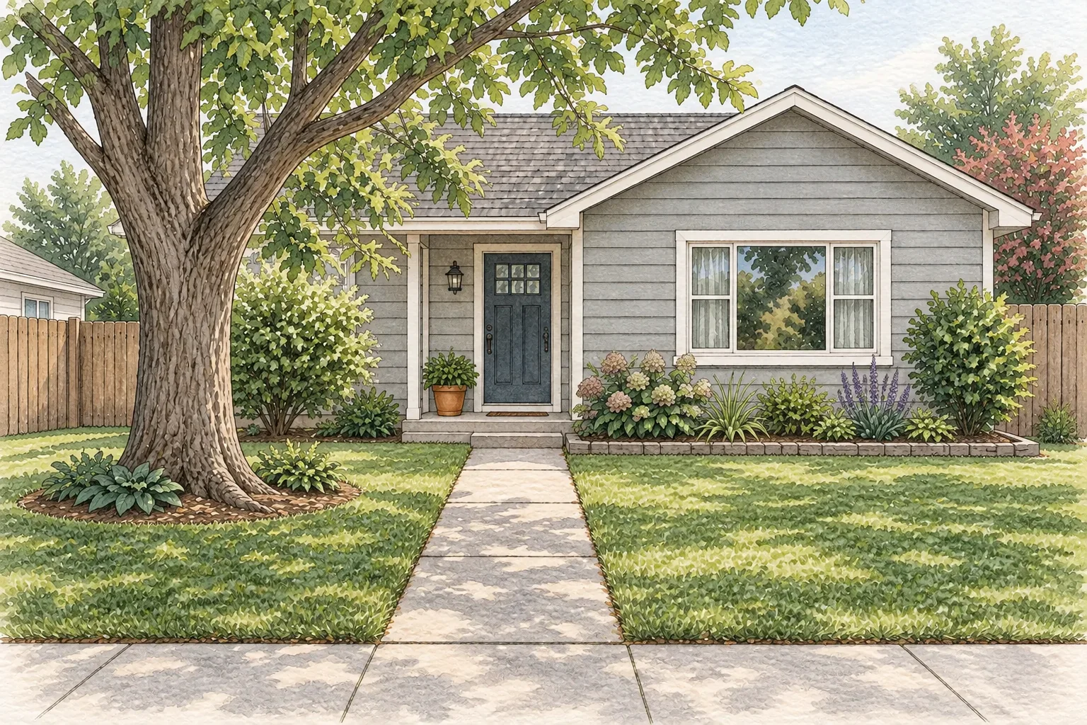 Watercolor and graphite front-yard study showing the foundation bed as part of the house, walk, lawn, and surrounding yard