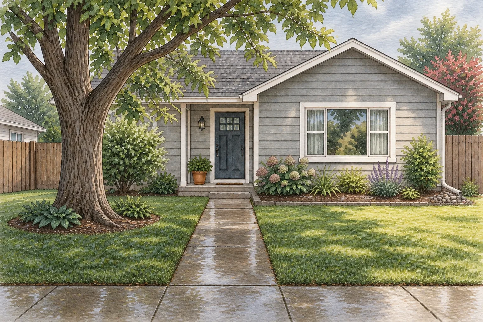 Watercolor and graphite front-yard study after rain with tree shade, a sunlit bed, a damp walk, and a downspout