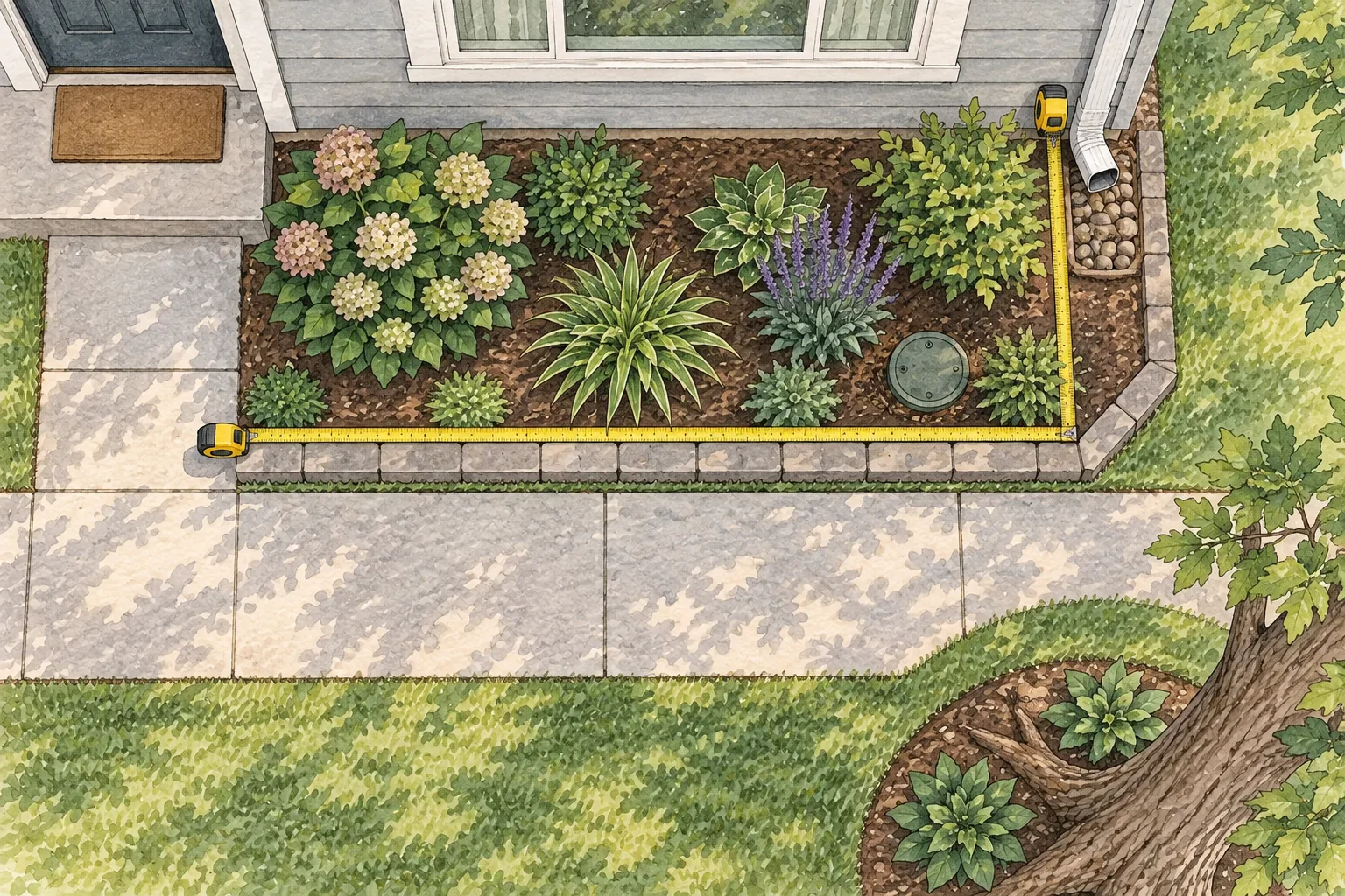 Top-down watercolor and graphite study of a foundation bed with a tape measure along the bed edges, a downspout, and a utility cover