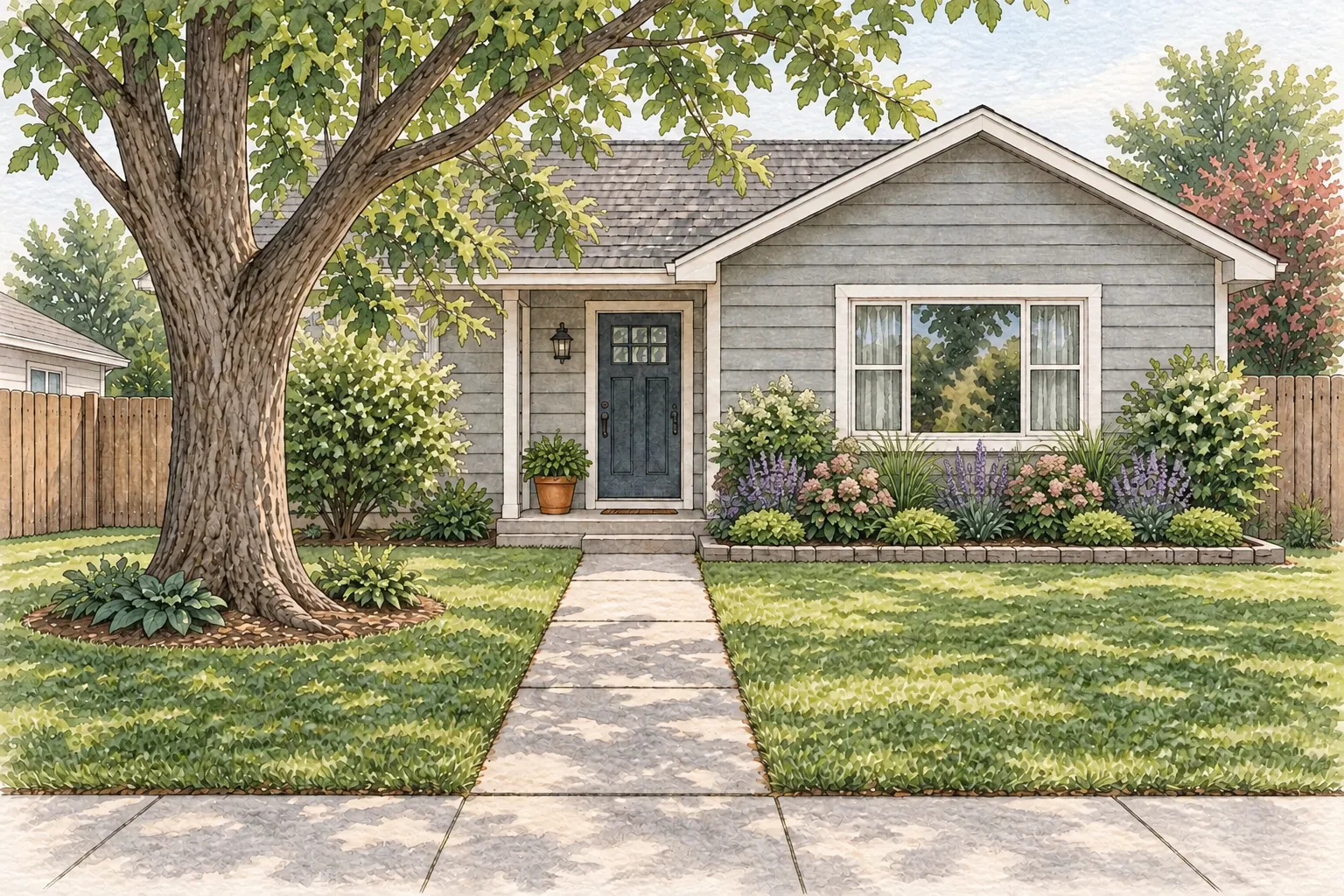 Watercolor and graphite front-yard study with taller, middle, and low planting forms inside a clear bed and an open walk