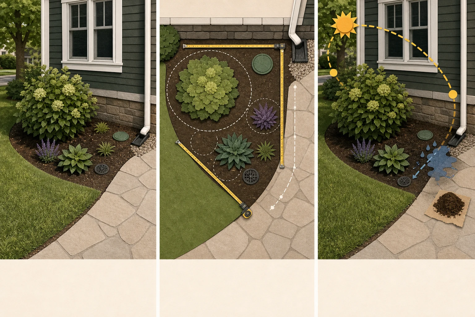 The same foundation bed shown as a useful wide photo, a measured top-down plan, and an on-site light and drainage observation