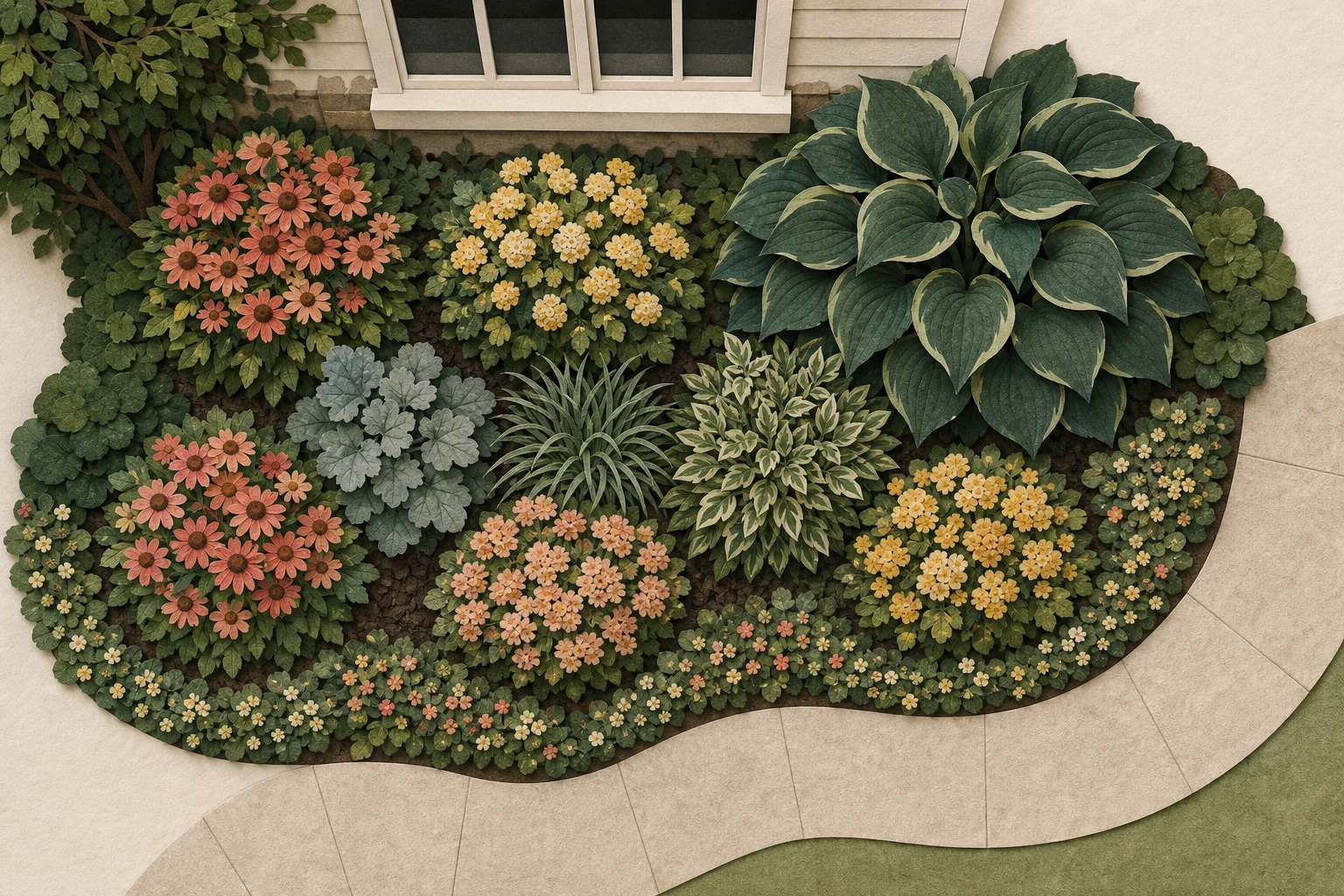 Top-down planting plan showing one large structure mass, repeated flower and foliage groups, and a low curved edge