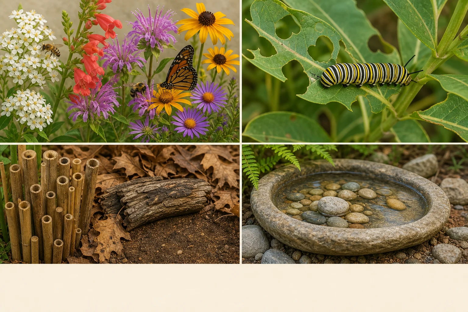 Four close views showing pollinator food flowers, a caterpillar host plant, nesting and shelter materials, and a shallow water dish with stones
