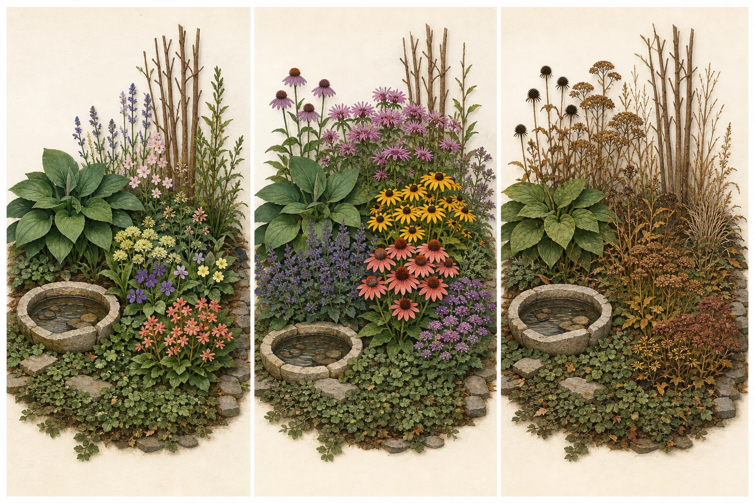 The same pollinator bed through early bloom, summer bloom, and late-season seedhead stages