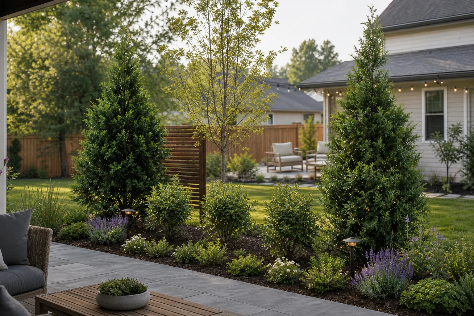 Residential patio sightline screened by staggered evergreen anchors, an airy small tree, mid-height shrubs, and a temporary slatted screen with space between mature plants
