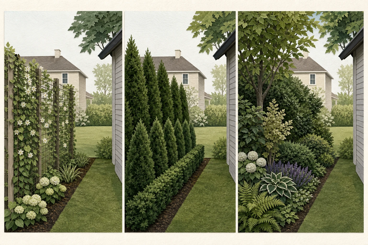 The same privacy sightline screened by a narrow trellis, staggered evergreens, and a deep layered border