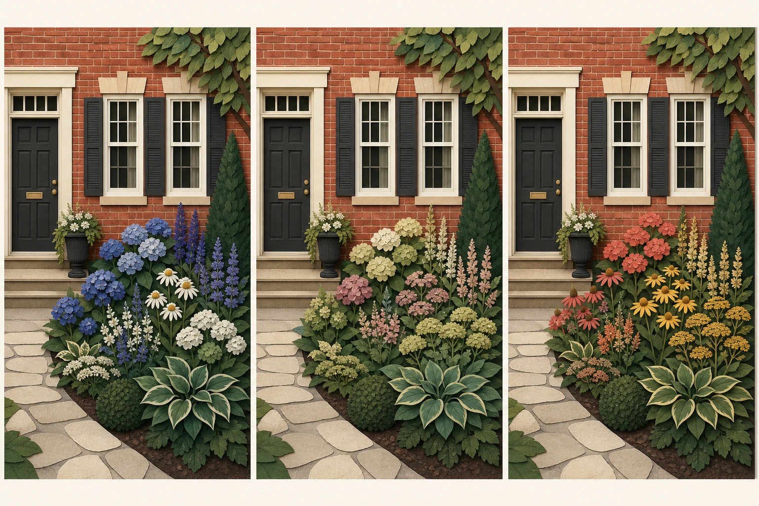 The same red-brick facade with three restrained planting color palettes