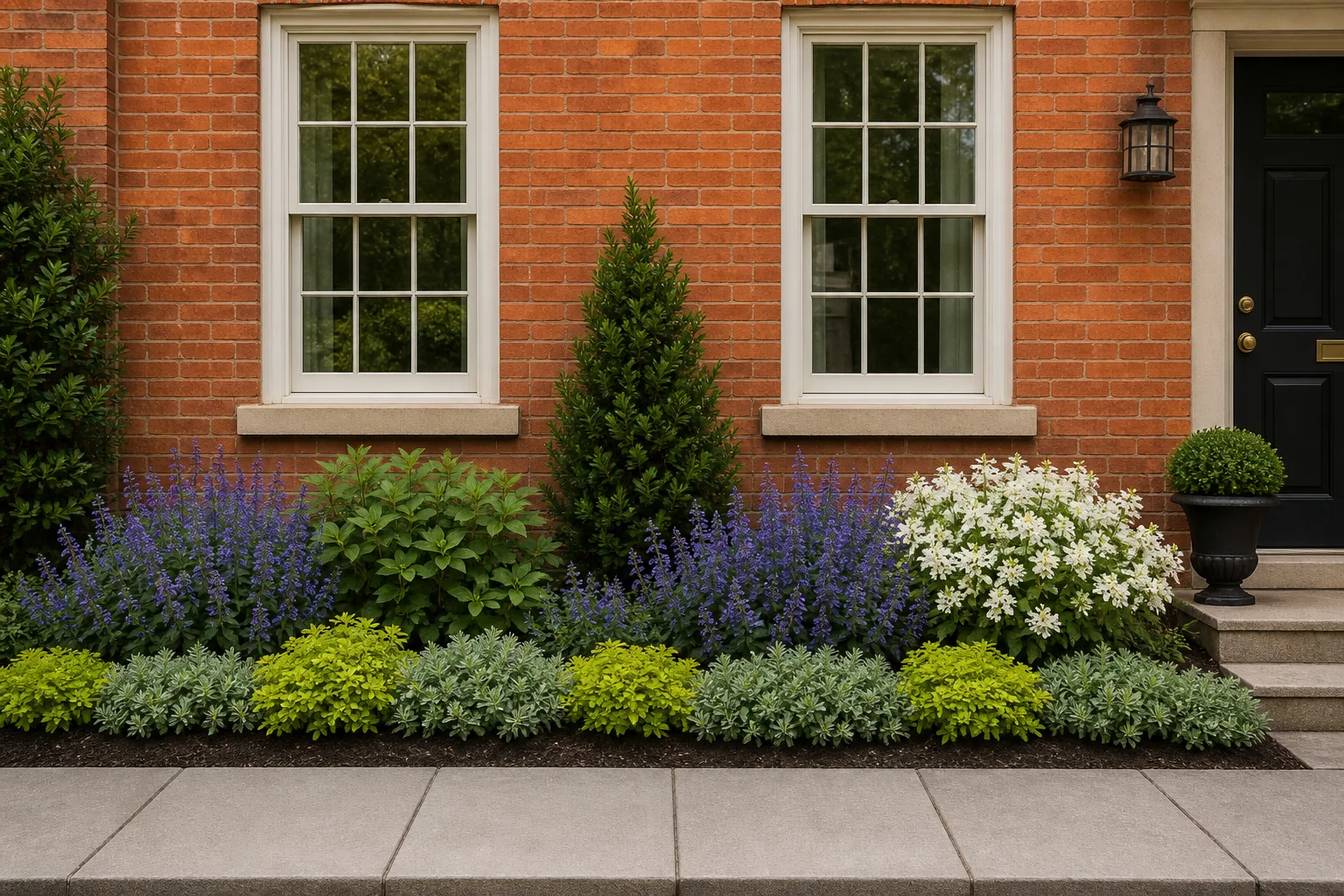 Orange-red brick facade with two unobstructed windows above cool repeated blue-violet flowers, deep-green structural plants, a low silver-green edge, and a white flowering mass near the entry