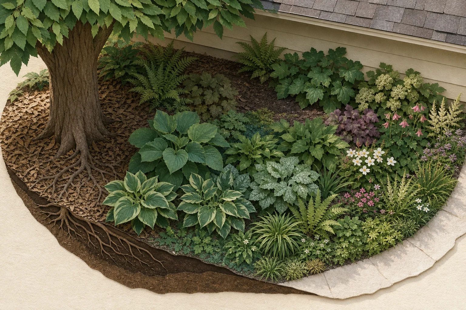 Shade bed showing protected tree roots, a dry eave zone, a moister middle, and a brighter path edge