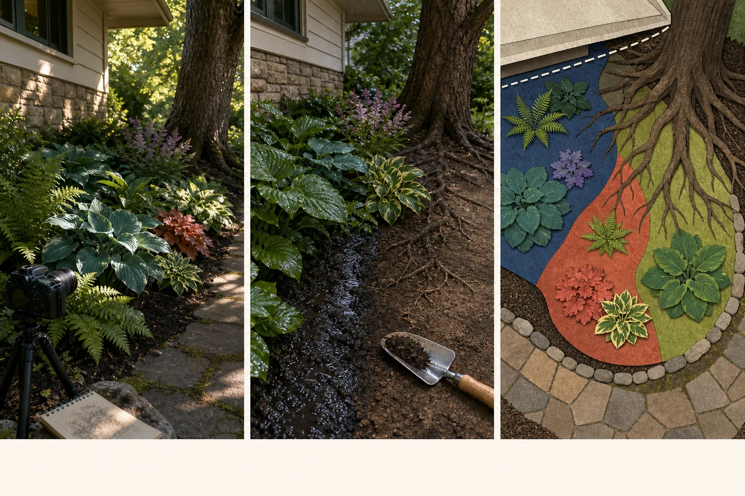 Three views of a shaded foundation bed showing a clear-day light observation, wet and dry soil after rain, and a top-down map of roots, eave, path, and plantable zones