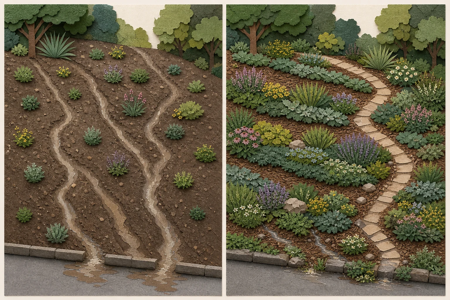 Slope comparison showing scattered plants and bare runoff paths beside broad contour planting bands and a diagonal route