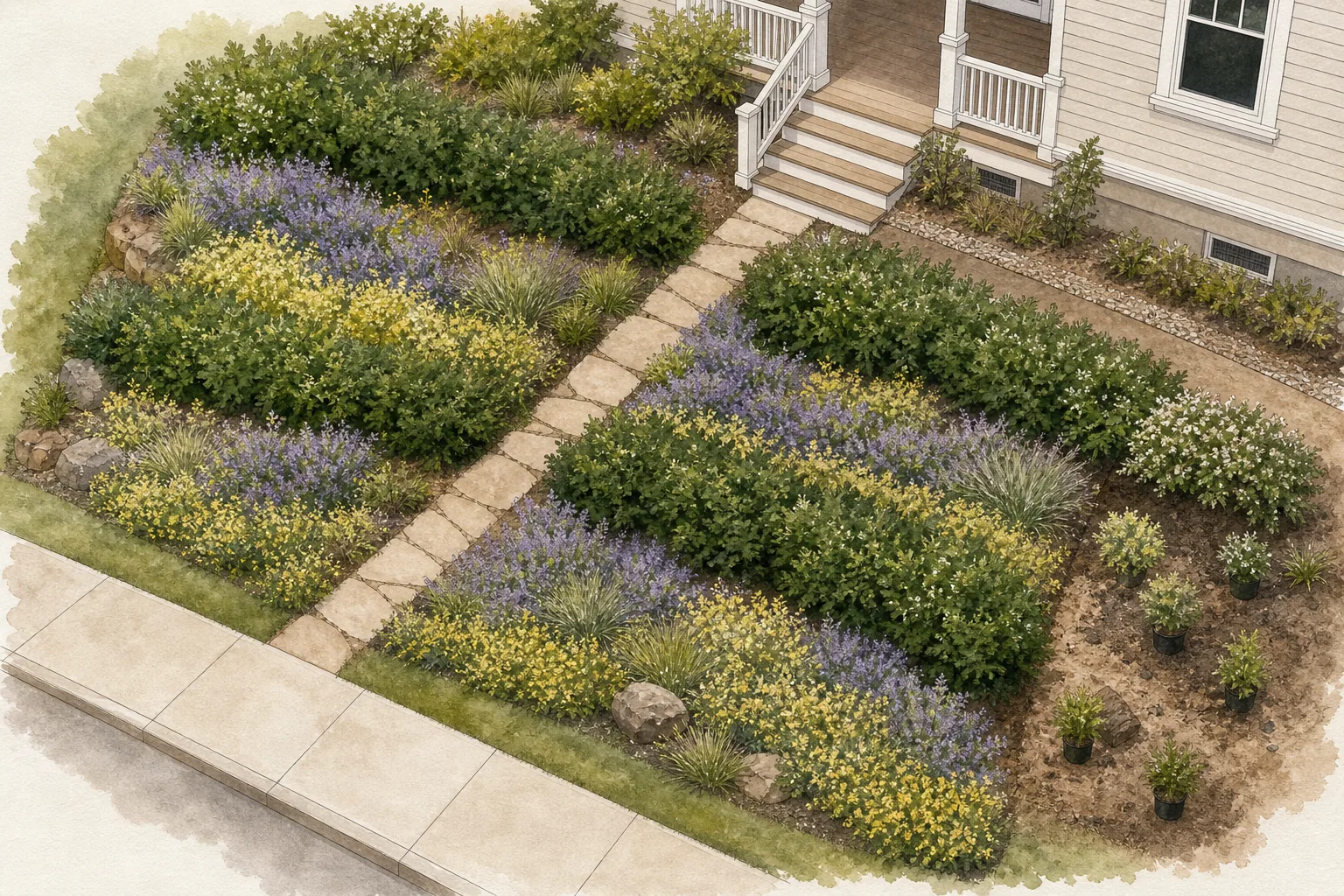 Oblique front-yard slope plan with broad staggered planting bands running across the contour, a diagonal walking route, covered soil, and a clear inspection strip beside the house
