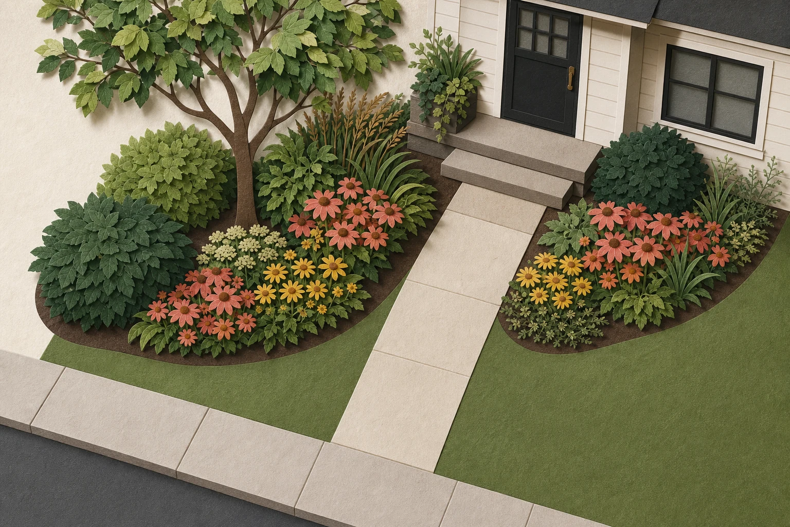Compact front-yard plan with a direct path, one offset tree, repeated shrubs, and matching flower masses
