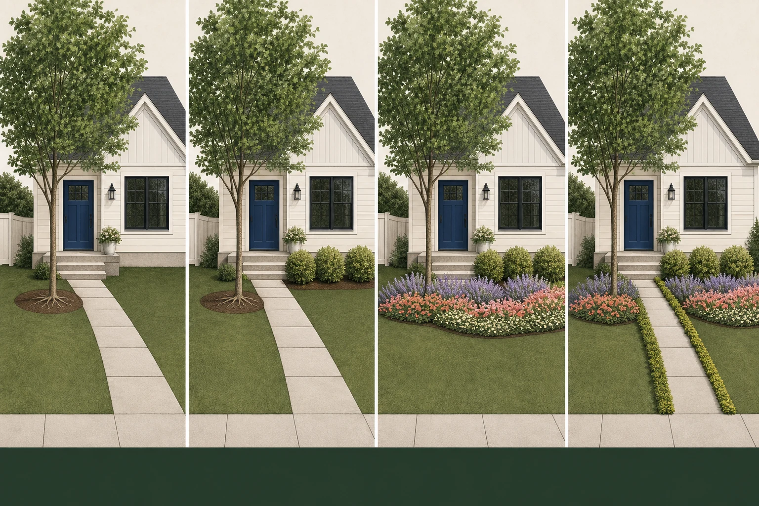 Four stages of the same compact front yard adding one offset tree, repeated shrubs, a broad flower ribbon, and a low path edge