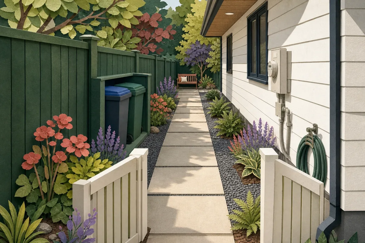 Narrow side yard with a clear walking path, a gate, utility access, slim layered planting, and a brighter planted destination at the far end