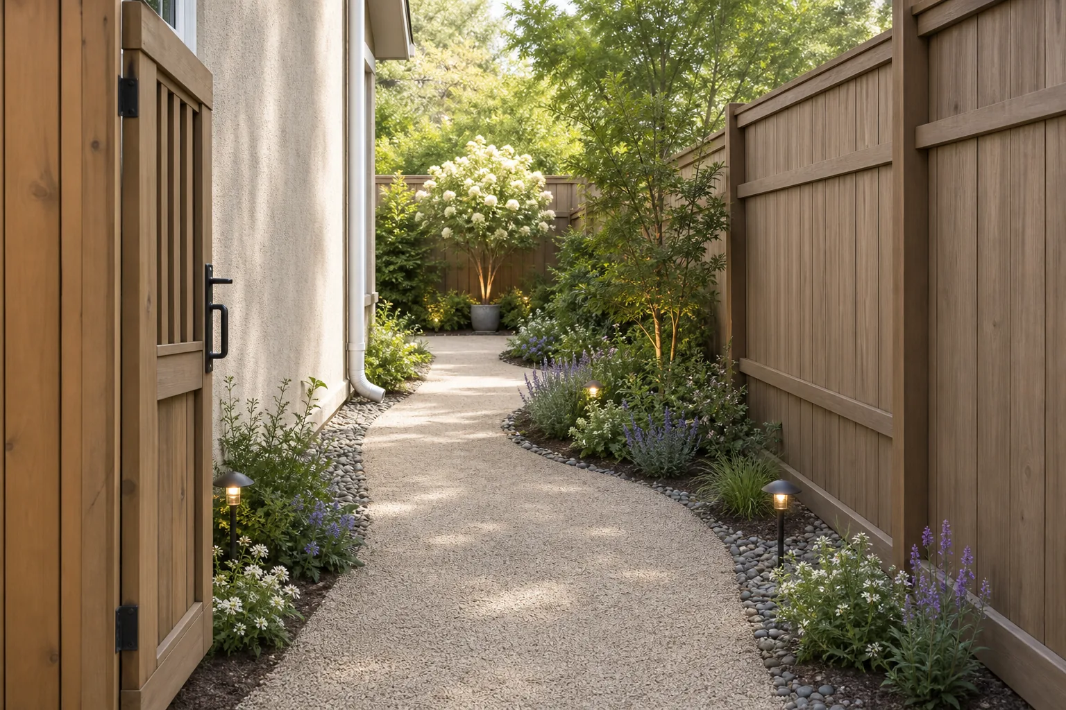 Narrow side yard seen from an open gate with a clear path, a small entrance planting, an offset middle planting pocket, and one focal planting at the far end