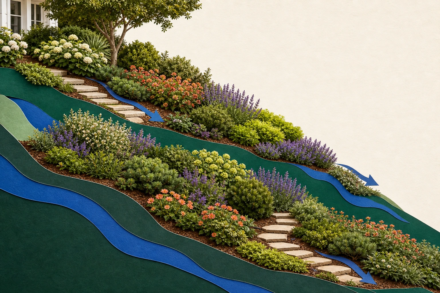 Sloped yard collage with planted contour bands, a switchback path, mulch, and blue water-flow shapes