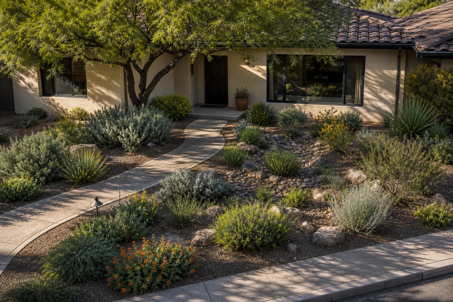 Desert front yard with an airy shade tree, clear entry walk, shallow stone-lined runoff basin, repeated low-water plant groups, and limited gravel