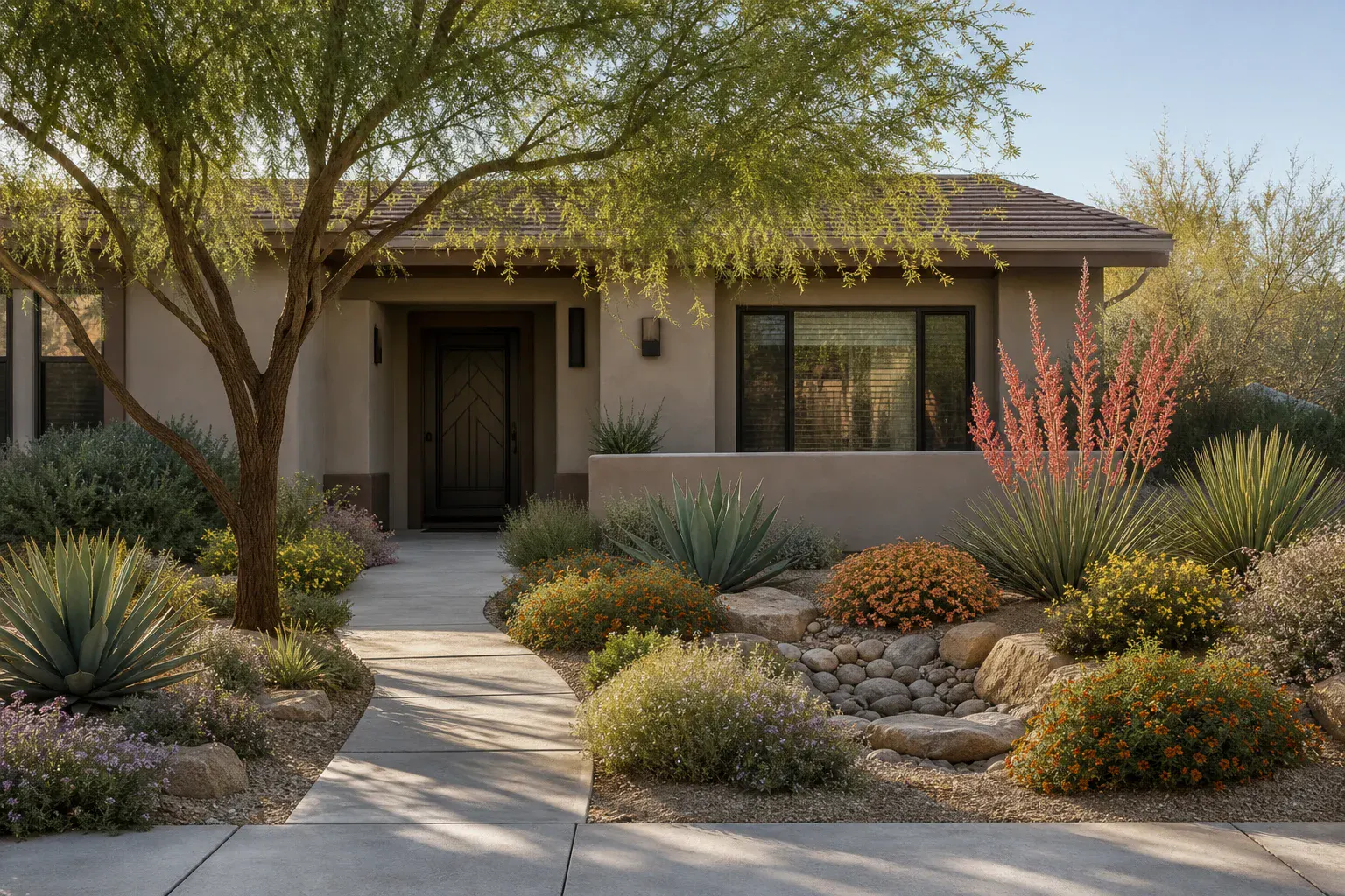 Desert front yard with an airy shade tree, safe clear entry path, sculptural plant groups, flowering mounds, and a shallow stone-lined basin