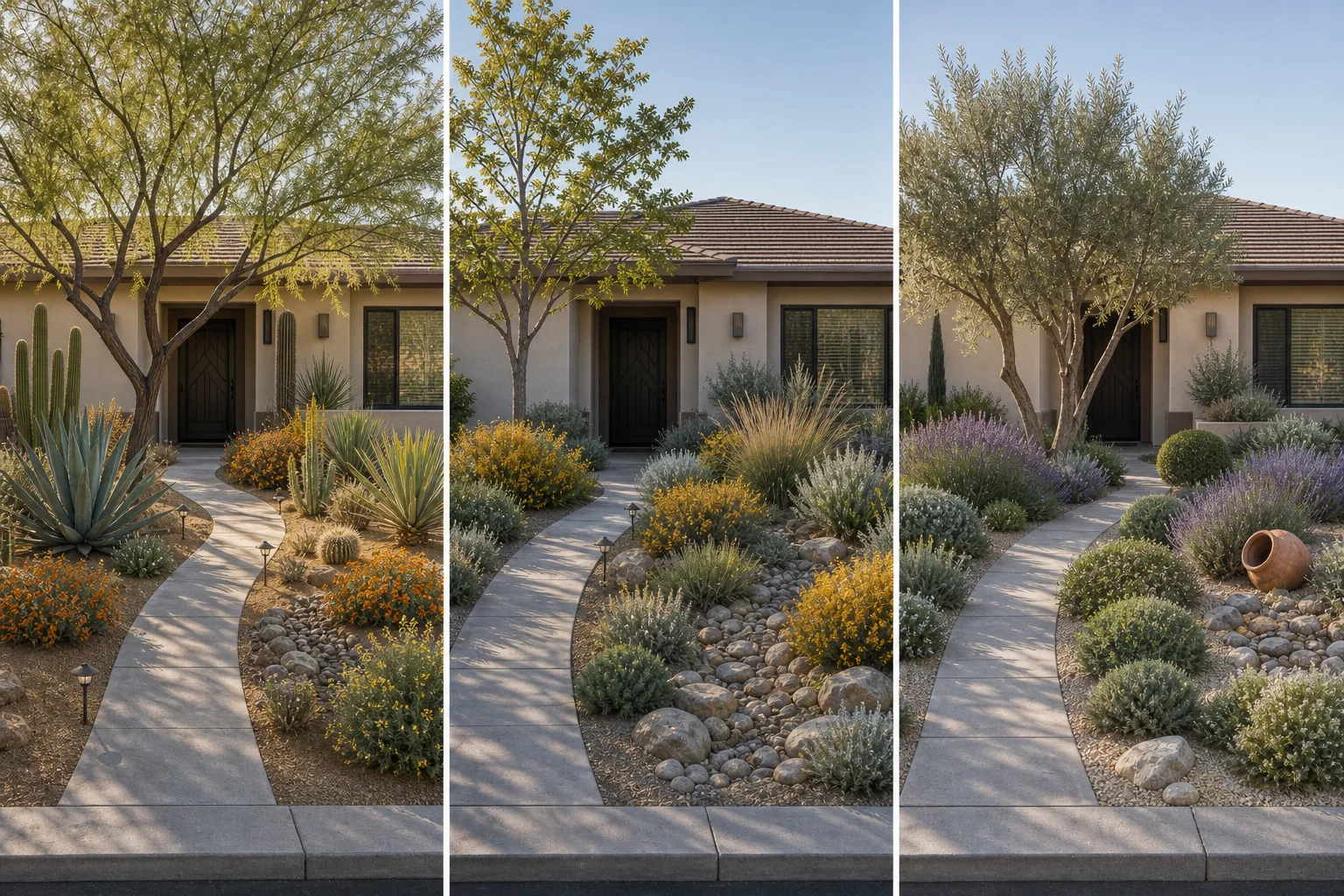 The same stucco house shown with Sonoran low-desert, cold high-desert, and dry-summer Mediterranean planting
