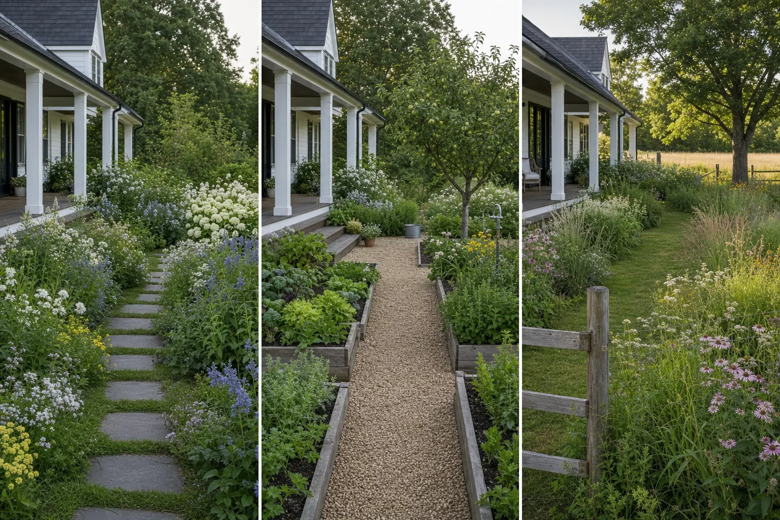 The same white farmhouse shown with a porch flower garden, a productive entry garden, and a regional farmstead planting