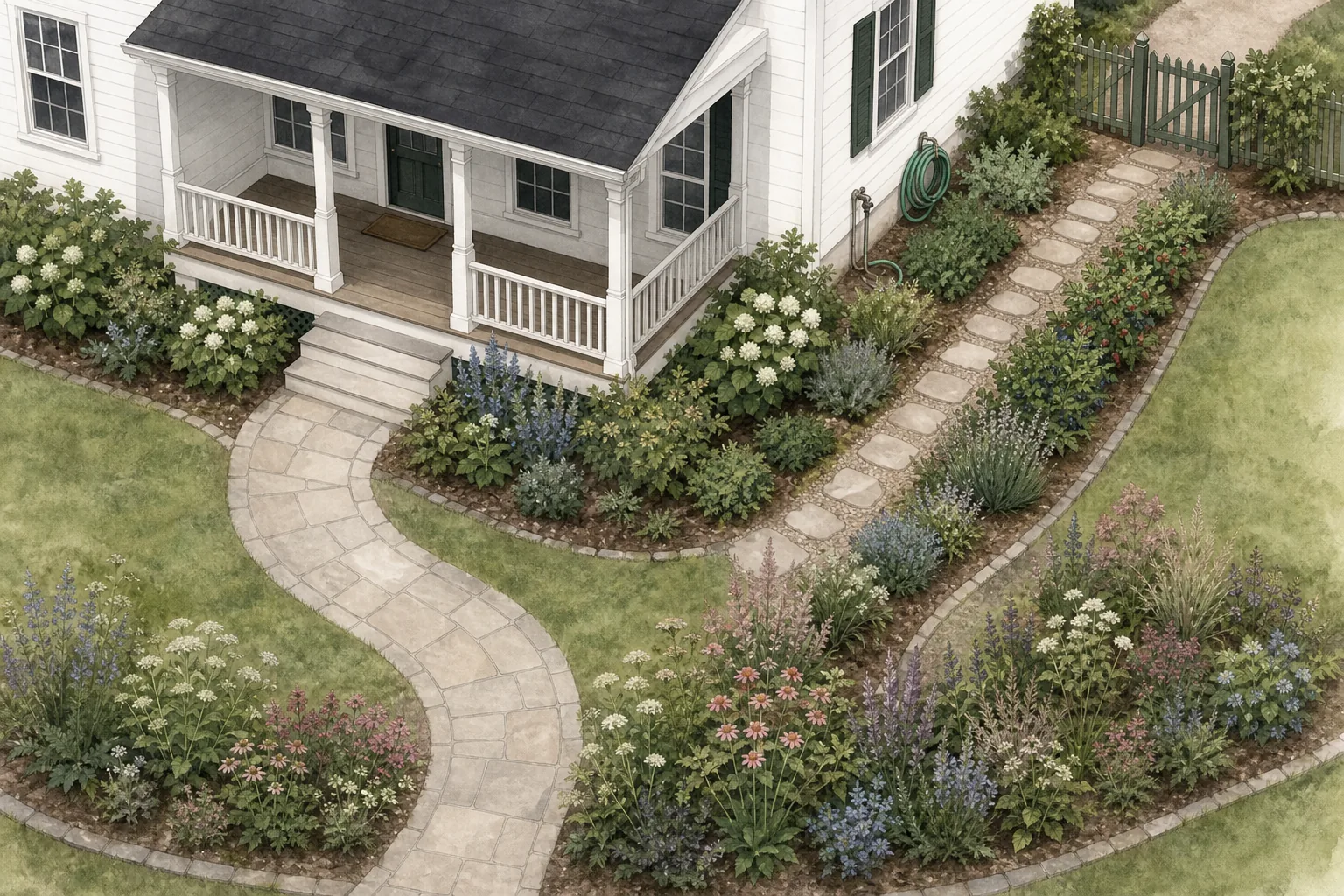 Oblique top-down farmhouse porch plan with an open front walk, a structural planting outside the porch view, useful plants along a serviced side route, and a looser outer border