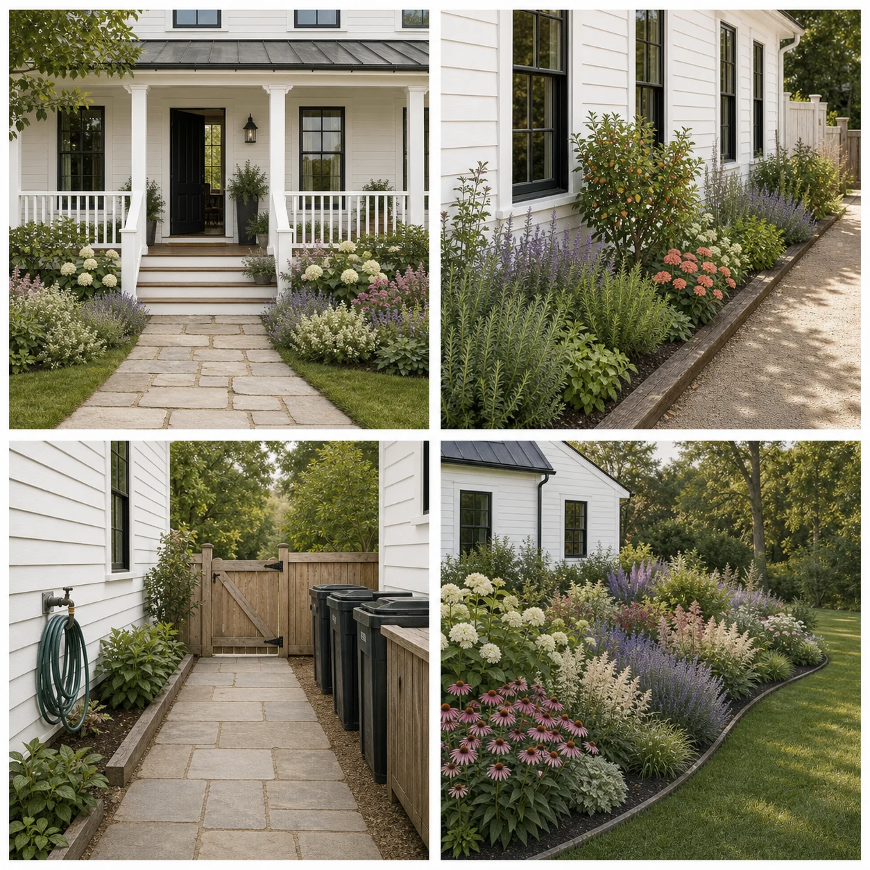 Four cut-paper farmhouse garden studies showing a clear welcome zone, a useful planting strip, an unobstructed work route, and a deeper relaxed border