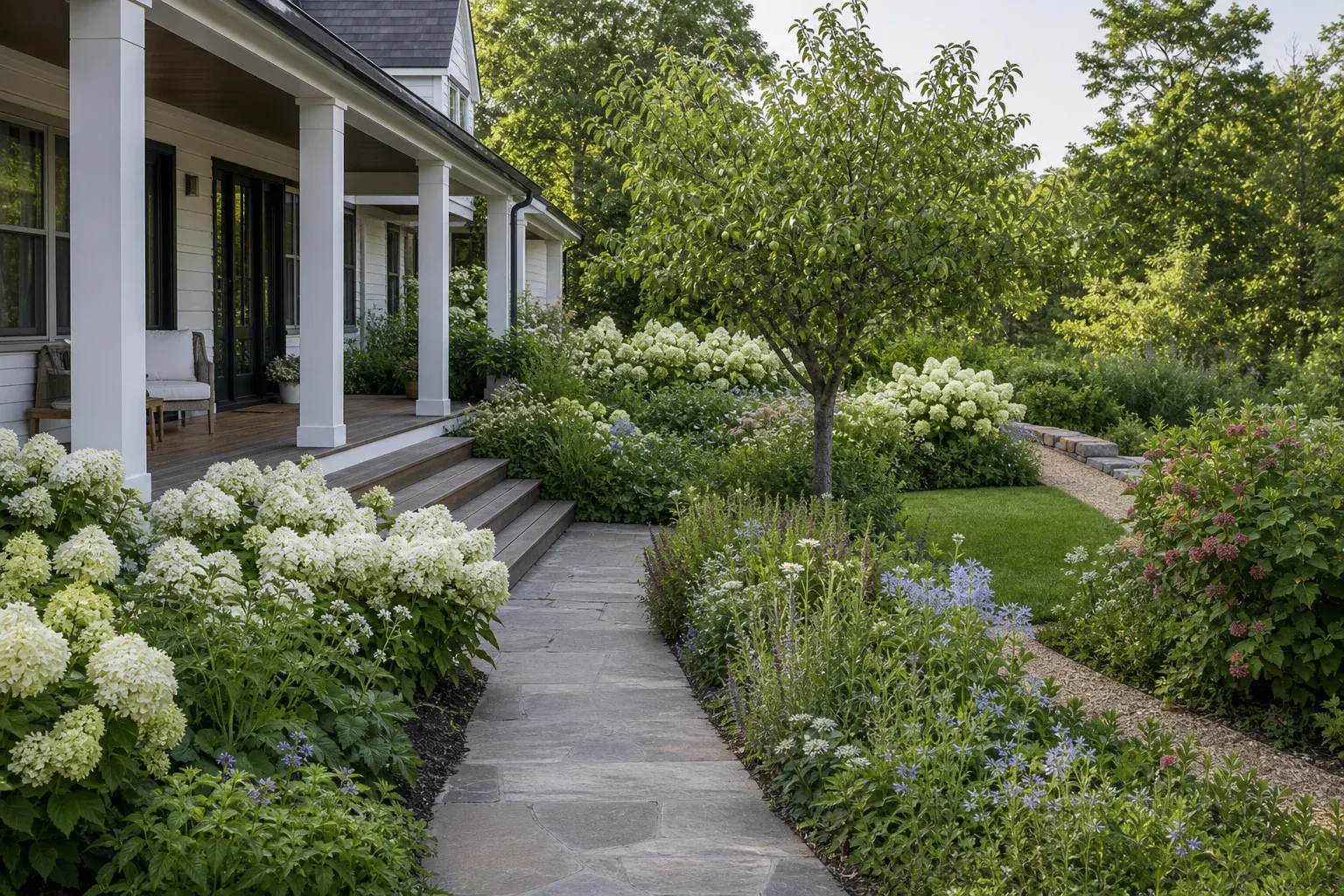 Modest farmhouse porch with a clear stone path, small fruiting tree, repeated white shrubs, loose blue and rose flowers, and a side work route