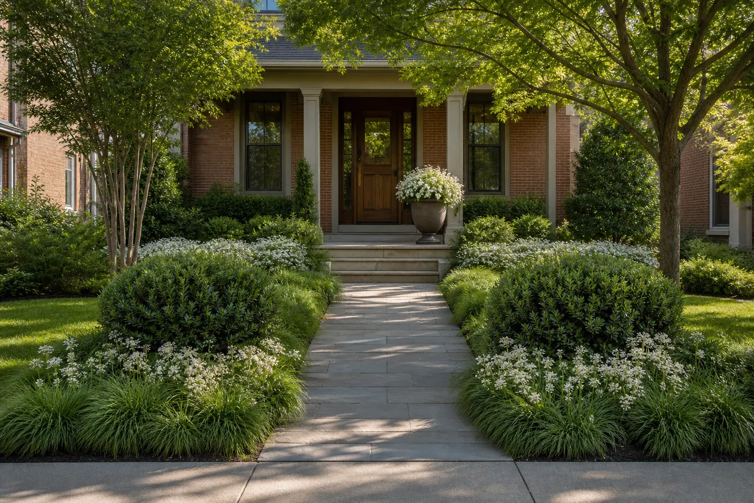 Brick home with a centered entry walk, repeated green plant masses, white flowering drifts, and a focal urn