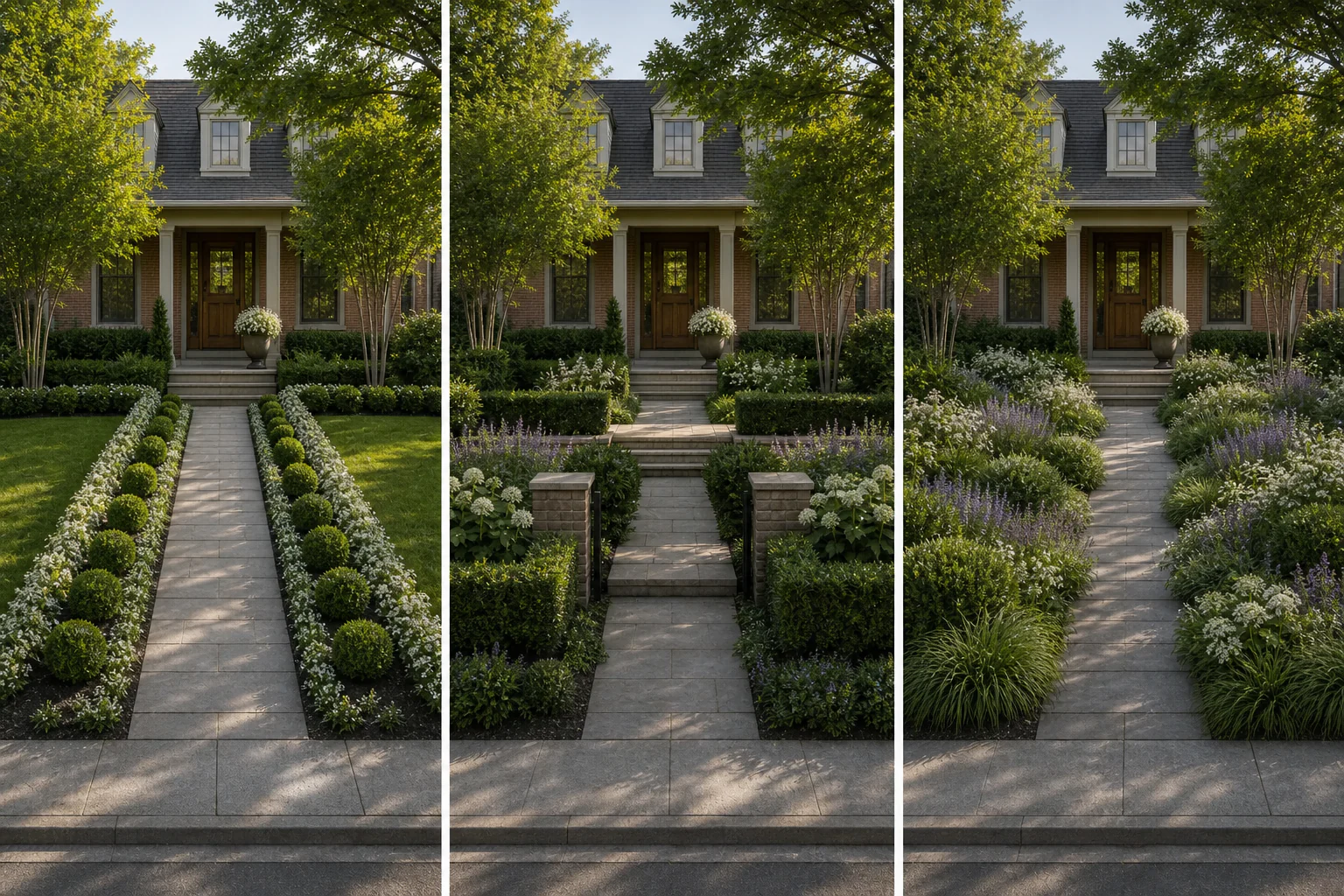 The same brick-house entry shown with crisp symmetry, layered formal structure, and a softer relaxed formal planting