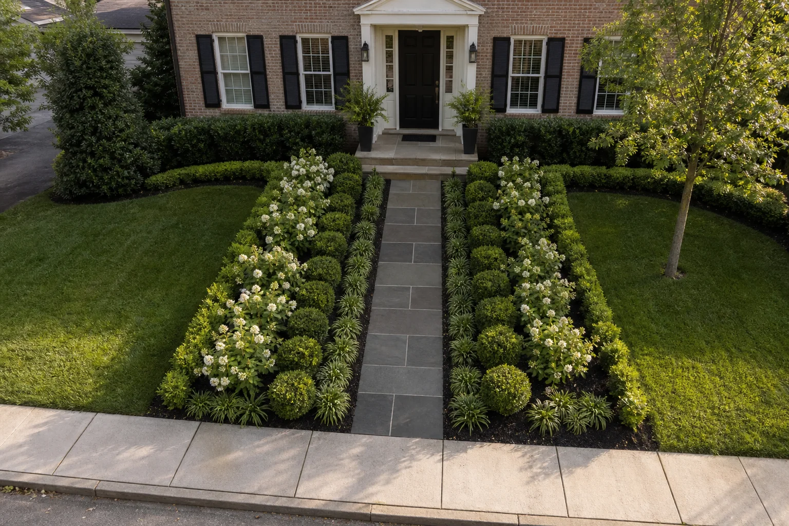 Oblique view of a modest brick home with a centered walk, repeated planting modules, balanced low edges, and the front door ending the main view