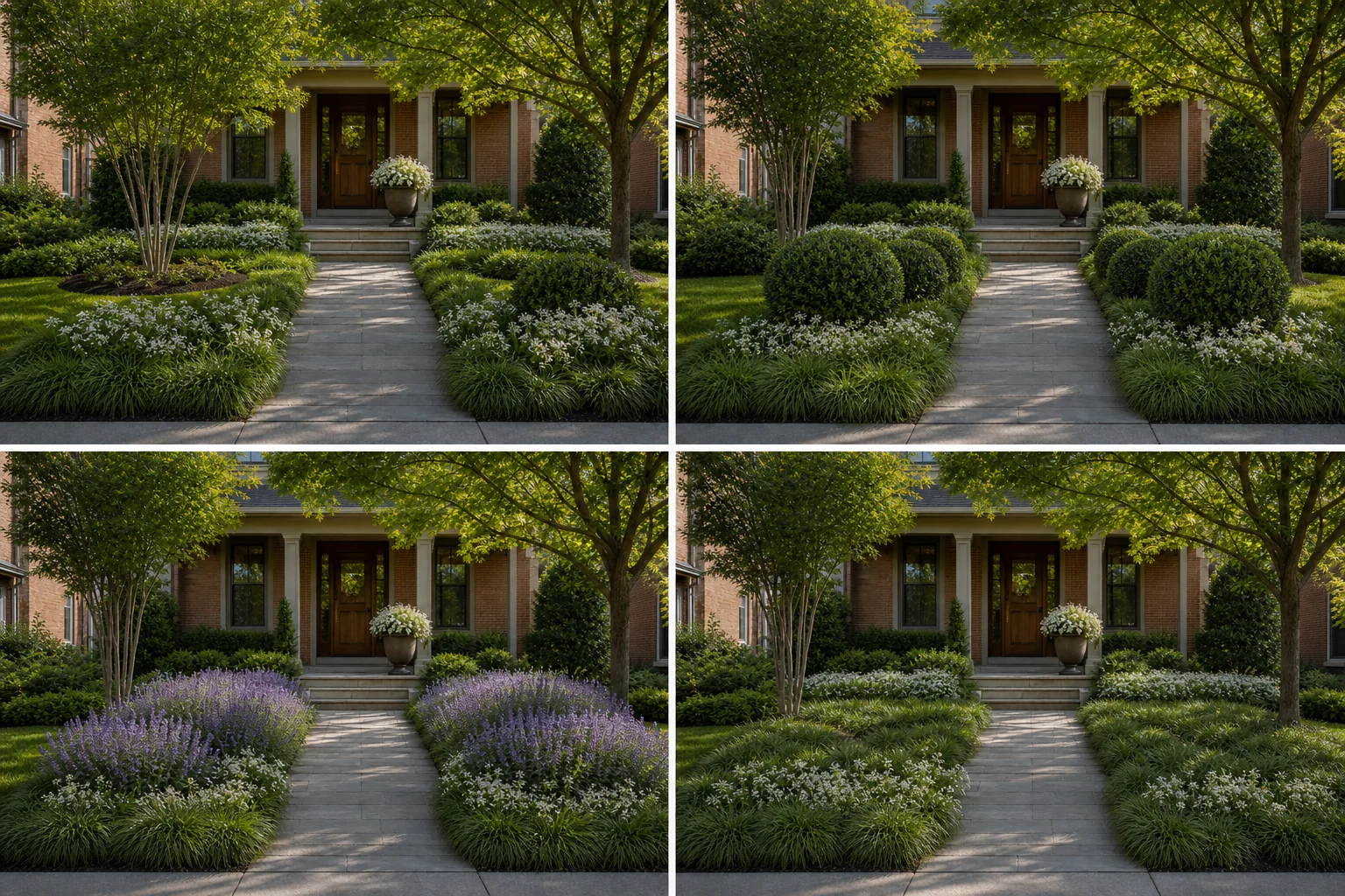 Four formal garden details showing a focal anchor, repeated shrubs, a seasonal flower mass, and a low unifying ground layer