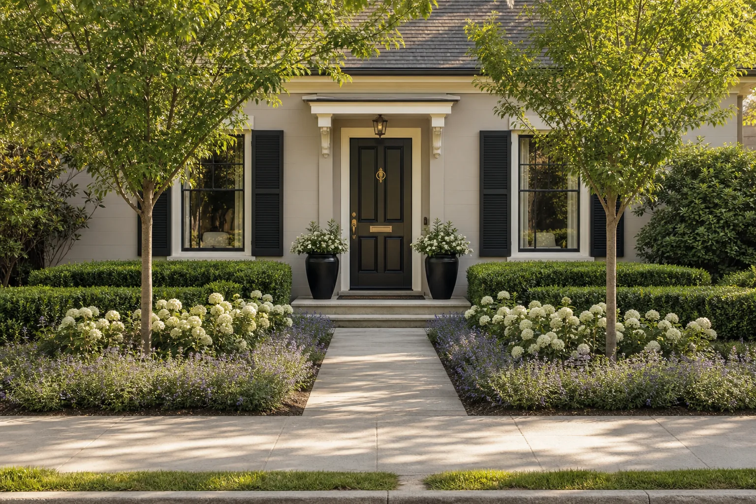 Modest front yard with a centered door and walk, two shallow mirrored planting bands, compact repeated structure, a low soft layer, and clear windows
